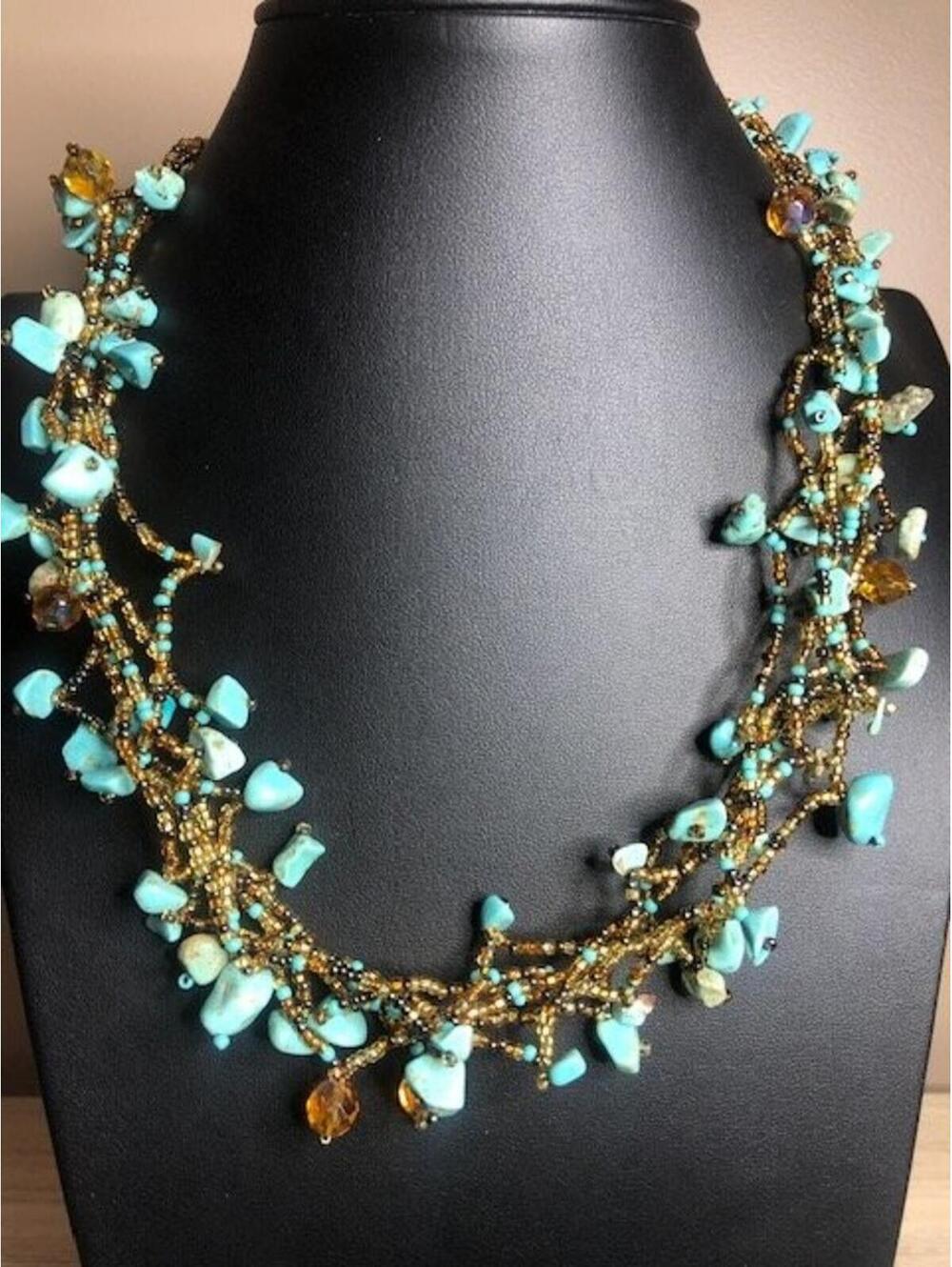 B2114 Boho Turquoise Nugget Beaded Multi-Strand Statement Necklace Artisan 20"